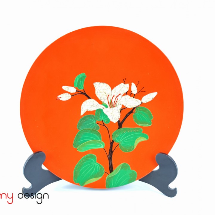 Orange round lacquer dish attached with eggshell Ban flower 30 cm( not included with stand)